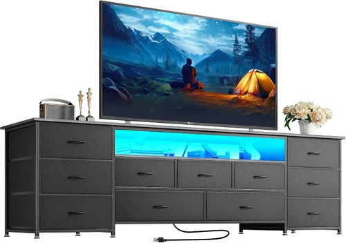 Vista 13 de Huuger Soporte de TV de 63 pulgadas para TV de 65, 70 pulgadas, cómoda larga con 11 cajones con tomas de corriente y luces LED, centro