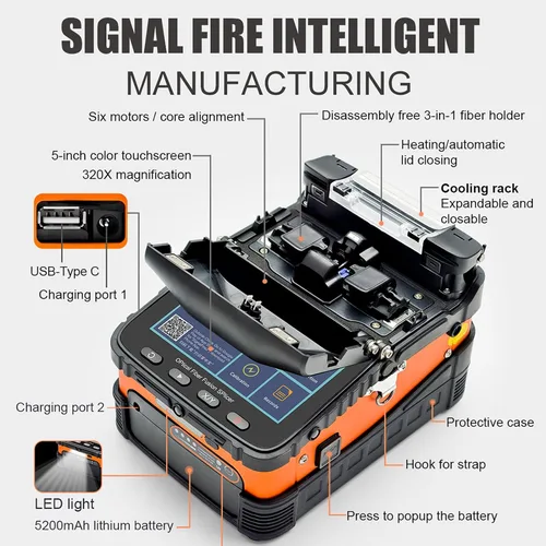Vista 6 de Signal fire Empalmador de fusión de fibra óptica, SM&MM Máquina de empalme de soldadura óptica de fibra FTTH inteligente automática con pantalla LCD