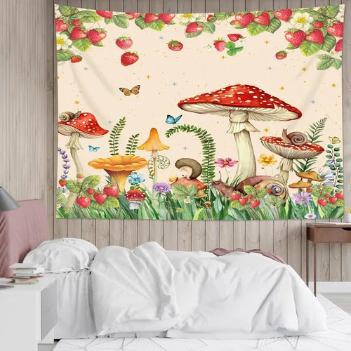 Vista 2 de HVEST Tapiz retro rojo de hongos para colgar en la pared, diseño floral rosa con fresa y mariposa en beige, tapiz para dormitorio, flores, plantas