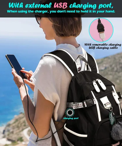 Vista 5 de Mochila para mujeres, adolescentes, niños y niñas, resistente al agua, casual, para laptop con puerto de carga USB, bonita bolsa para viajes