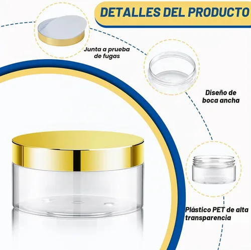 Vista 3 de Paquete de 48 tarros de plástico transparente de 4 onzas con tapas a prueba Transparente con tapas doradas
