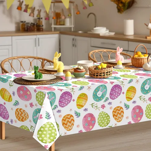 Vista 7 de Ragnhild Paquete de 3 manteles de Pascua, decoración de fiesta, mantel de plástico con huevos de Pascua, conejo, decoración de mesa, mantel