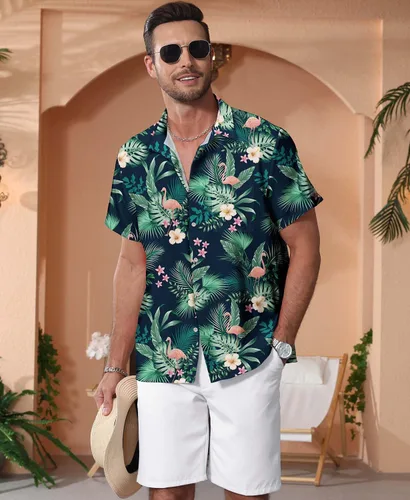 Vista 123 de KYKU - Camisa hawaiana funky para hombre, ropa tropical para vacaciones en Palm Beach