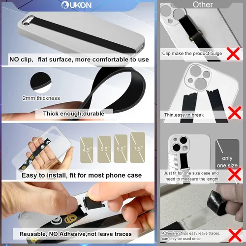 Vista 4 de UKON Agarre de silicona para teléfono, 2 correas de teléfono reutilizables con tres tiras cortas de silicona, combinación de bricolaje