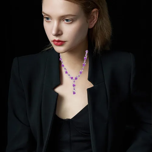 Vista 7 de Aishgjia Collar largo de oro para mujeres y niñas, colgante de rosa de oro, joyería de flores, juego de aretes colgantes para fiesta de cumpleaños
