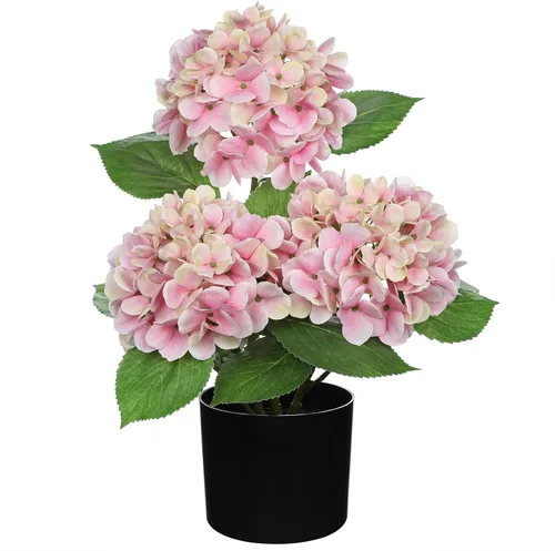 Vista 18 de Hollyone Flores artificiales de hortensias azules en maceta, flores grandes de seda de tres cabezas, arreglos florales falsos para interiores