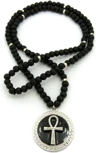Vista 5 de Pave Ronda de Ankh egipcio colgante 8mm 36" Wooden Bead Collar Plata Tono Negro