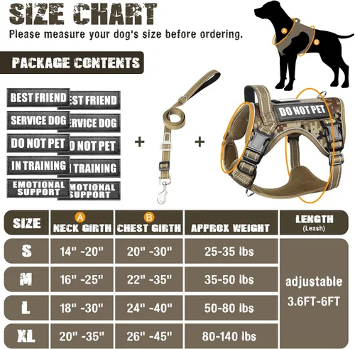 Vista 5 de Juego de chaleco táctico y correa para perros con 10 parches, camuflaje, talla S Adjustable No Pull Service Dog Harness for Small Sized Dog with