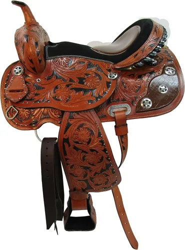 Vista 4 de Western Saddle Barril Racing Caballo Placer Floral Tooled Gator Asiento de cuero Sillines Trail Tack Set 15 16 17 18