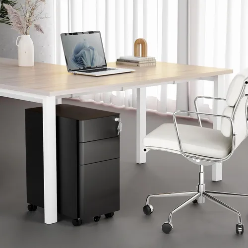 Vista 2 de Mount-It! Archivador delgado de 3 cajones con cerradura, archivador móvil de metal sobre ruedas para almacenamiento debajo del escritorio, hogar