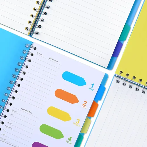 Vista 3 de Kesoto Cuaderno Rayado A5 con Bolígrafo Multicolor Cuaderno de Espiral con Alambre por Materias Diario con 5 Pestañas Divisorias y Bolígrafo Azul