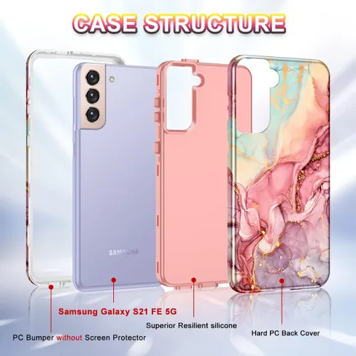 Vista 3 de Btscase Funda para Samsung S21 FE 5G 2022, patrón de mármol 3 en 1, resistente a prueba de golpes, cuerpo completo, policarbonato duro y suave