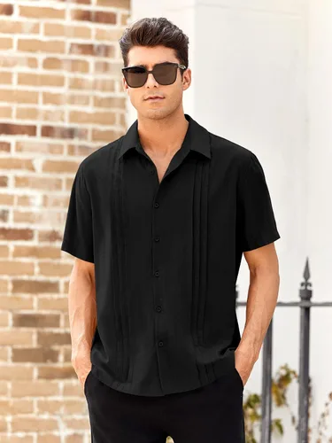 Vista 2 de Guayabera - Camisas de lino de algodón cubano de manga corta con botones, estilo casual, cuello para la playa