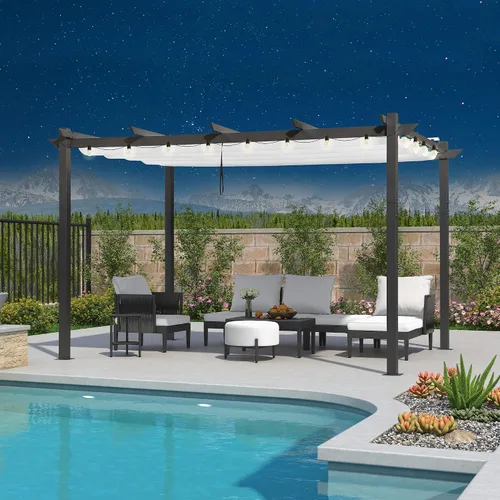 Vista 21 de PURPLE LEAF Pergola retráctil de 10 x 10 pies, pérgola blanca, toldo extra, azul marino