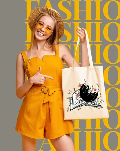 Vista 2 de AUSVKAI Bolsa de lona estética para mujer, lindas bolsas de algodón reutilizables de tela para compras, playa, comestibles, Libro de flores de gato