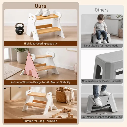 Vista 7 de COSYLAND Wooden Toddler Step Stool for Kids Bathroom Kitchen 2 Tier White & Natural