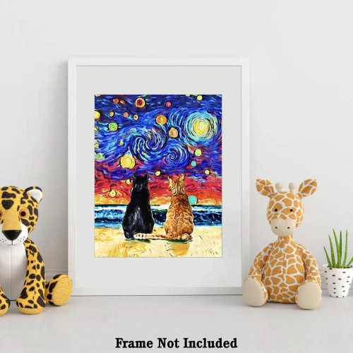 Vista 4 de Bestbuddy Pet 8 x 10 sin marco noche estrellada inspirada gato pareja animales amante familia paz amor pintura al óleo impresión arte impresión
