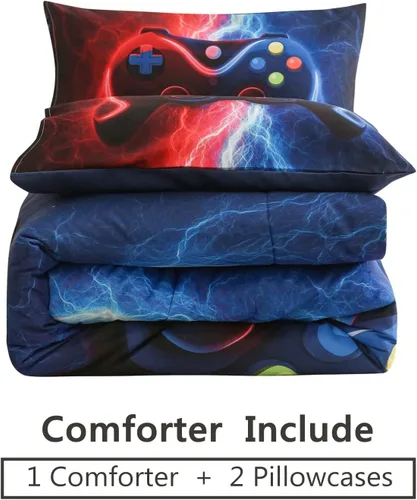Vista 6 de Meeting Story Juego de ropa de cama con estampado de consola de videojuegos rojo y azul para niños, consola de juegos, botones de acción, colorido