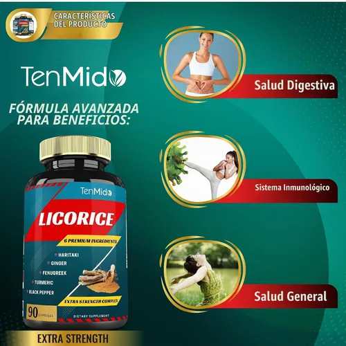 Vista 5 de Cápsulas de extracto de regaliz con cúrcuma, jengibre, fenogreco, haritaki, pimienta negra, función de digestión de apoyo, 90 cápsulas, suministro