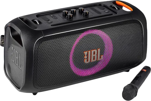 Vista 6 de Altavoz Bluetooth JBL Party On-The-Go con micrófono 100W de sonido profesional, espectáculo de luces dinámicas, IPX4 a prueba de salpicaduras