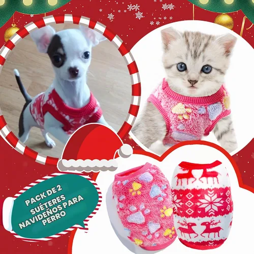 Vista 5 de 2 piezas de ropa para perros taza de té, traje navideño para perros, suéter para cachorros para perros pequeños, suéter para Chihuahua, ropa