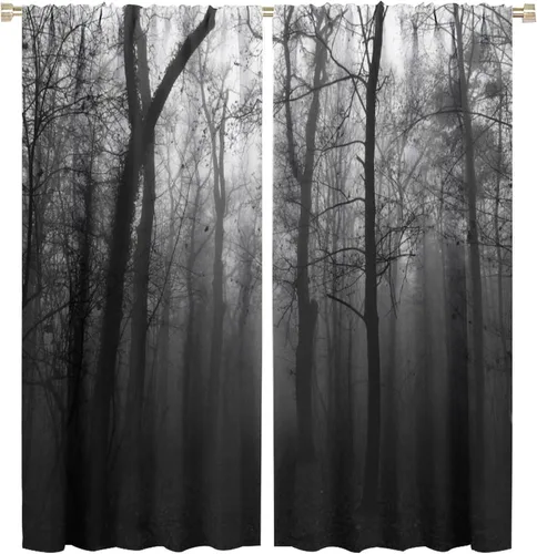 Vista 17 de Cortinas góticas rústicas con estampado de cuervo de bosque brumoso, rama, luna, bolsillo para barra, cortinas de ventana para dormitorio, sala
