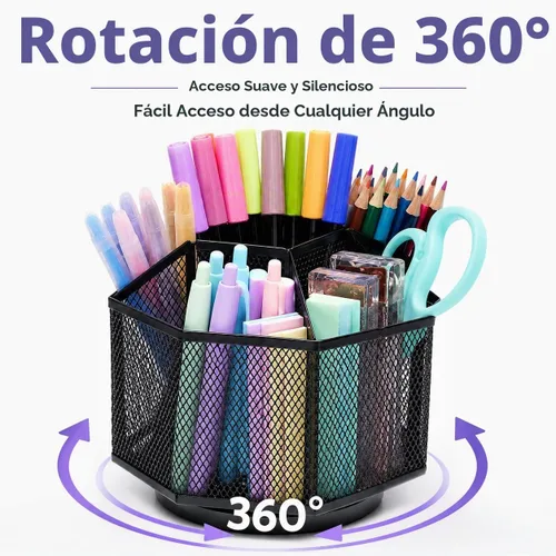 Vista 7 de Exerz Organizador de escritorio 360 Rotatorio Portalápices 5 Compartimentos Negro