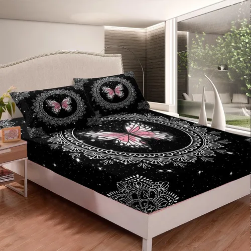 Vista 2 de Feelyou Juego de sábanas de mariposa tamaño individual para niños y niñas, diseño de mandala bohemio