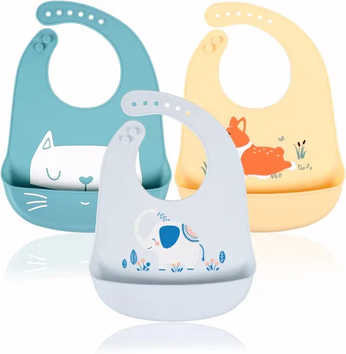 Vista 11 de Baberos de alimentación del silicón del bebé, 3pcs baberos impermeables ajustables para la alimentación