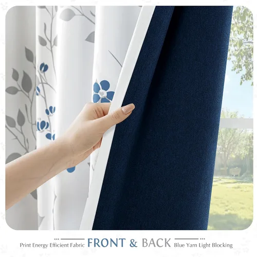 Vista 3 de Beauoop Cortinas Florales 100% Opacas de 54 Pulgadas de Largo, 2 Paneles para Dormitorio, Sala de Estar, Azul Gris y Blanco con Patrón de Flores