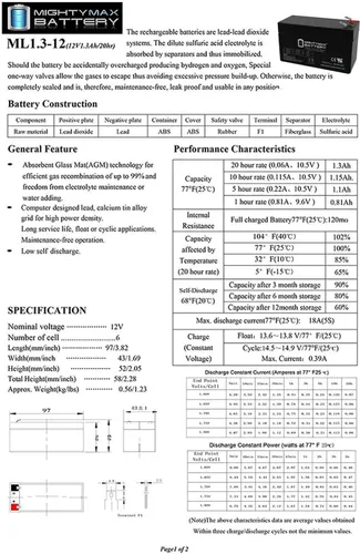 Vista 6 de Mighty Max Battery Batería de repuesto de 12V 1.3Ah compatible con Power Patrol SLA1005-2 Pack