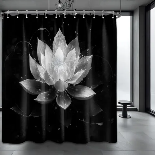 Vista 32 de Cortina de ducha con flores de loto negro y azul para decoración de baño, juego de cortinas decorativas de baño con estampado floral, tela