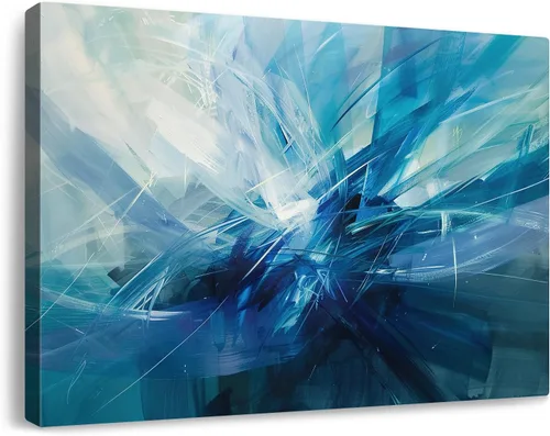 Vista 29 de Lienzo abstracto grande para pared, pinturas artísticas modernas de acuarela, fantasía negra y azul, graffiti colorido sobre fondo blanco