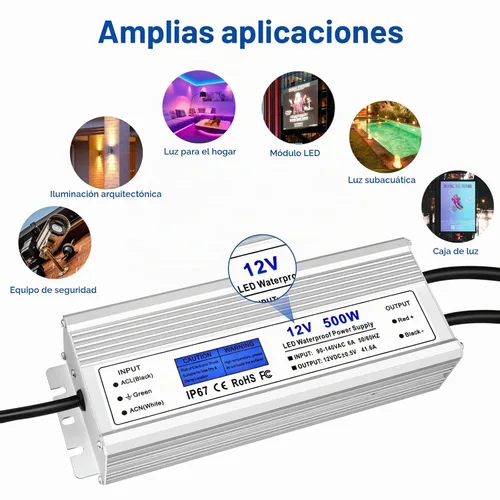 Vista 6 de Controlador LED de 500 W, fuente de alimentación impermeable IP67 de 12 V, CA 90-140 V a CC 12 V 41.6 A transformador de bajo voltaje con enchufe