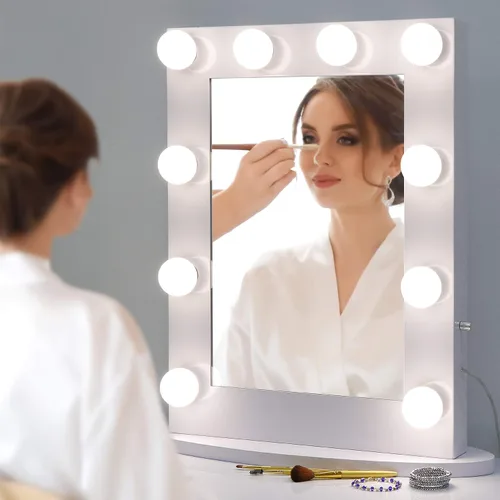 Vista 2 de Hollywood Espejo de tocador con luces, espejo de maquillaje de pie con 12 bombillas LED para vestidor y dormitorio, blanco, iluminación de 3