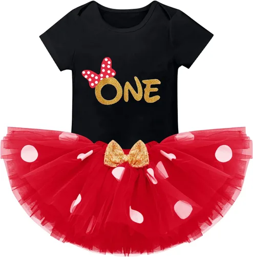 Vista 2 de IMEKIS Traje de 1er cumpleaños para bebé niña + falda tutú de lunares + diadema con orejas de ratón + sandalias para sesión de fotos