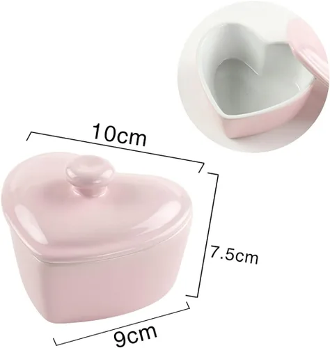 Vista 2 de Cuenco de postre en forma de corazón con tapa Tazón de cerámica para hornear arroz Bowl-5 OZ-Rosa