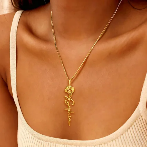 Vista 11 de TRANGEL Custom Birth Flower Name Necklace Personalized 18K Gold Plated Necklace Floral Pendant Jewelry Mothers Christmas Birthday Gift for Women