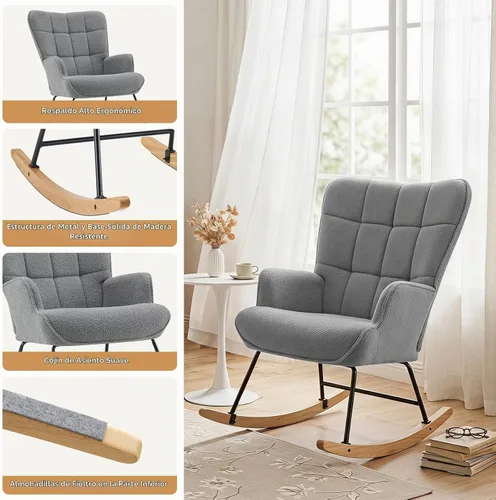 Vista 6 de Furniliving Silla mecedora para guardería, base de madera maciza de tela de Gris