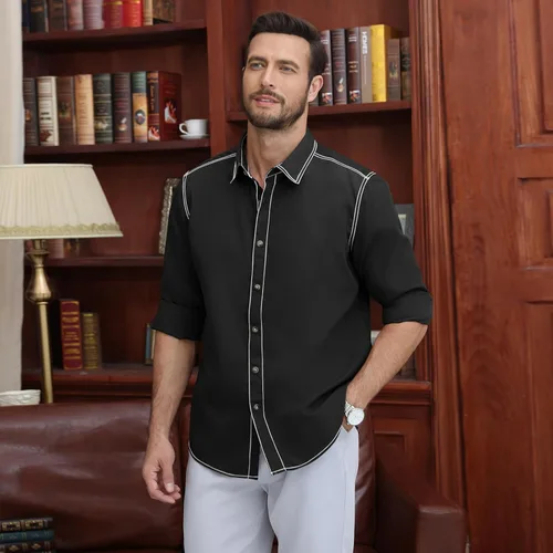 Vista 2 de Camisas de manga larga con botones para hombre, camisas de vestir sin arrugas, camisas de vestir regulares Oxford casuales de negocios a rayas