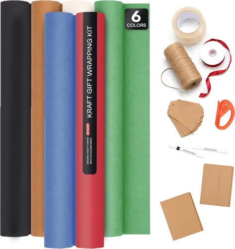 Vista 8 de Assorted Colors Kraft Wrapping Set of 10 Rolls 12"x100' + 8 Accessory Types USA-Made Natural Multi-Color Kraft Paper Kit for Holidays & Special