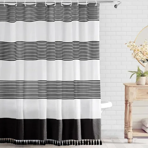 Vista 15 de bufftieo Cortina de ducha en blanco y negro para baño con diseño bohemia a rayas, cortina de ducha de tela moderna con borlas estilo granjero - 54