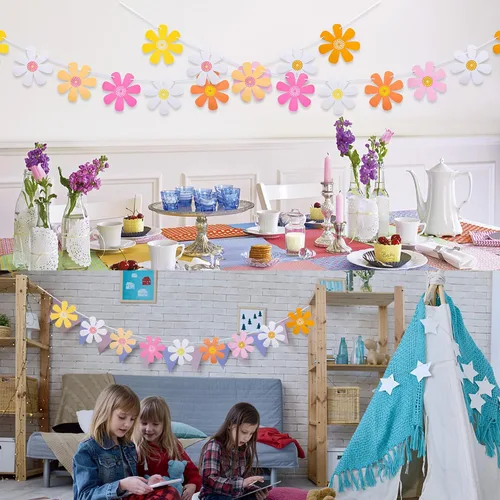 Vista 6 de Juego de 5 banderines de margaritas con diseño de margaritas bohemias, guirnaldas de papel hippie para fiesta, pancartas de flores coloridas