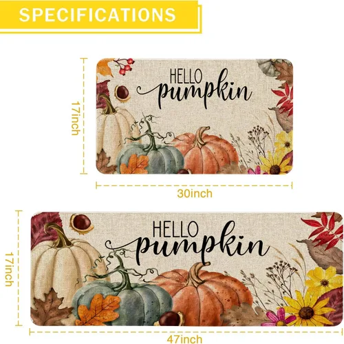 Vista 3 de Juego de 2 Tapetes de Cocina Hello Fall, Alfombra de Cocina de Calabaza de Acción de Gracias, Alfombra de Piso Decorativa Creativa de Vacaciones
