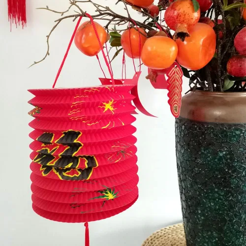 Vista 3 de Paquete de 10 linternas de papel colgantes japonesas chinas rojas, faroles asiáticos chinos de buena fortuna Lucky Fu, decoración de festival chino