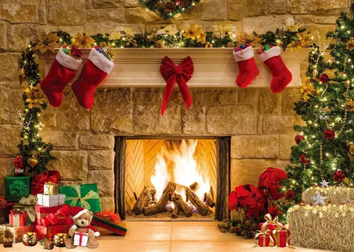 Vista 8 de CHAIYA Fondos de fotografía de Navidad de 7 x 5 pies con temática de chimenea de Navidad, suministros para fiestas de Navidad, fondo de fotos
