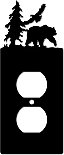Vista 7 de Eagle & Bear - Placa de pared con interruptor de luz, doble dúplex, habitación de cabaña negra Cubiertas decorativas de metal para enchufe, se