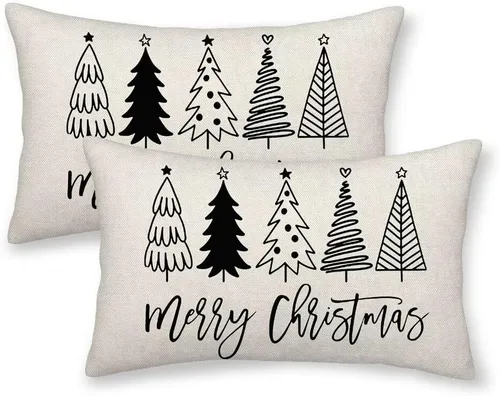 Vista 20 de Juego de 2 fundas de almohada de Navidad de 16 x 16 pulgadas, decoración de árbol de Navidad negro, fundas de almohada para exteriores, invierno