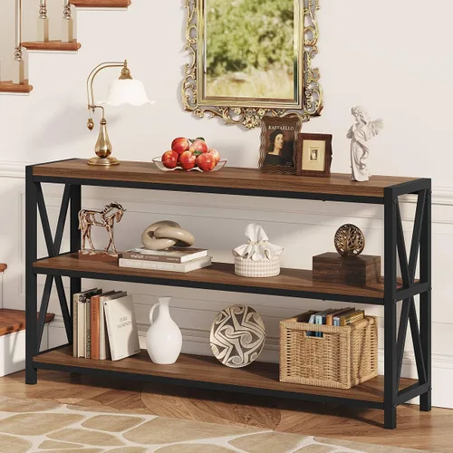 Vista 12 de Mesa consola para entrada, mesa de sofá larga con estantes debajo de la ventana, mesas de pasillo de madera y metal para vestíbulo