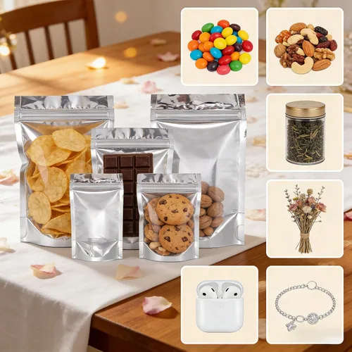 Vista 5 de Ellbest 100 bolsas de plástico resellables de aluminio Mylar de aluminio, bolsas de almacenamiento plateadas, bolsas de almacenamiento herméticas